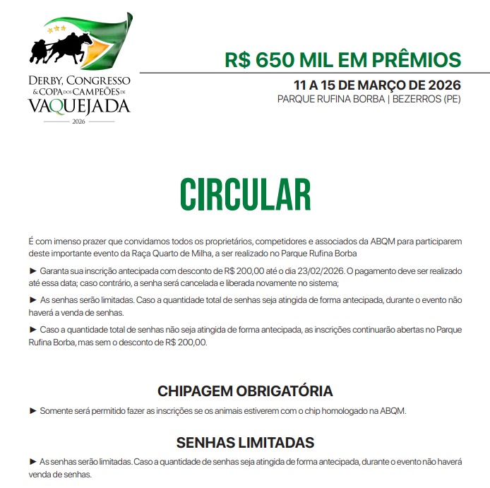 Inscrições abertas para o Derby, Congresso e Copa dos Campeões de Vaquejada ABQM